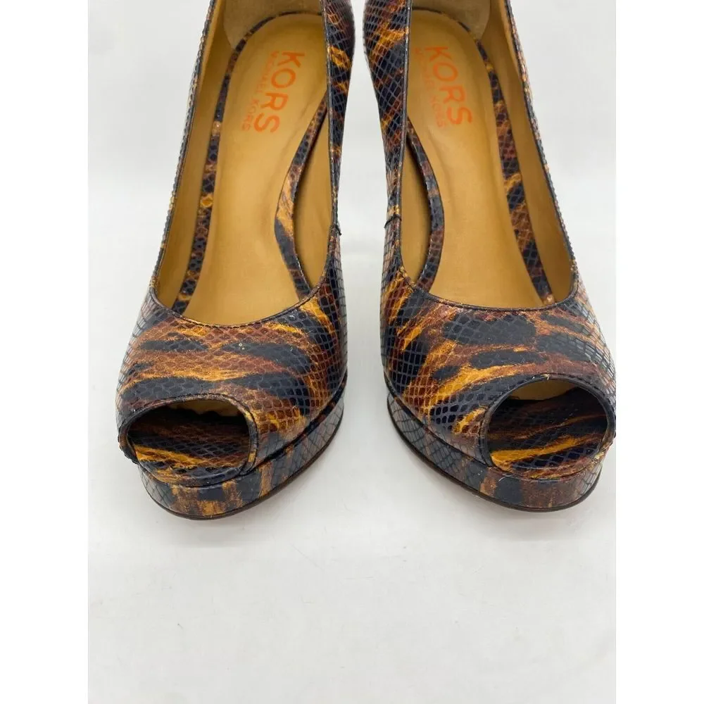 Kors By Michael Kors Shoes Womens 9M Brown Tiger Snake Print Peep Toe Pumps Heel - Picture 8 of 13